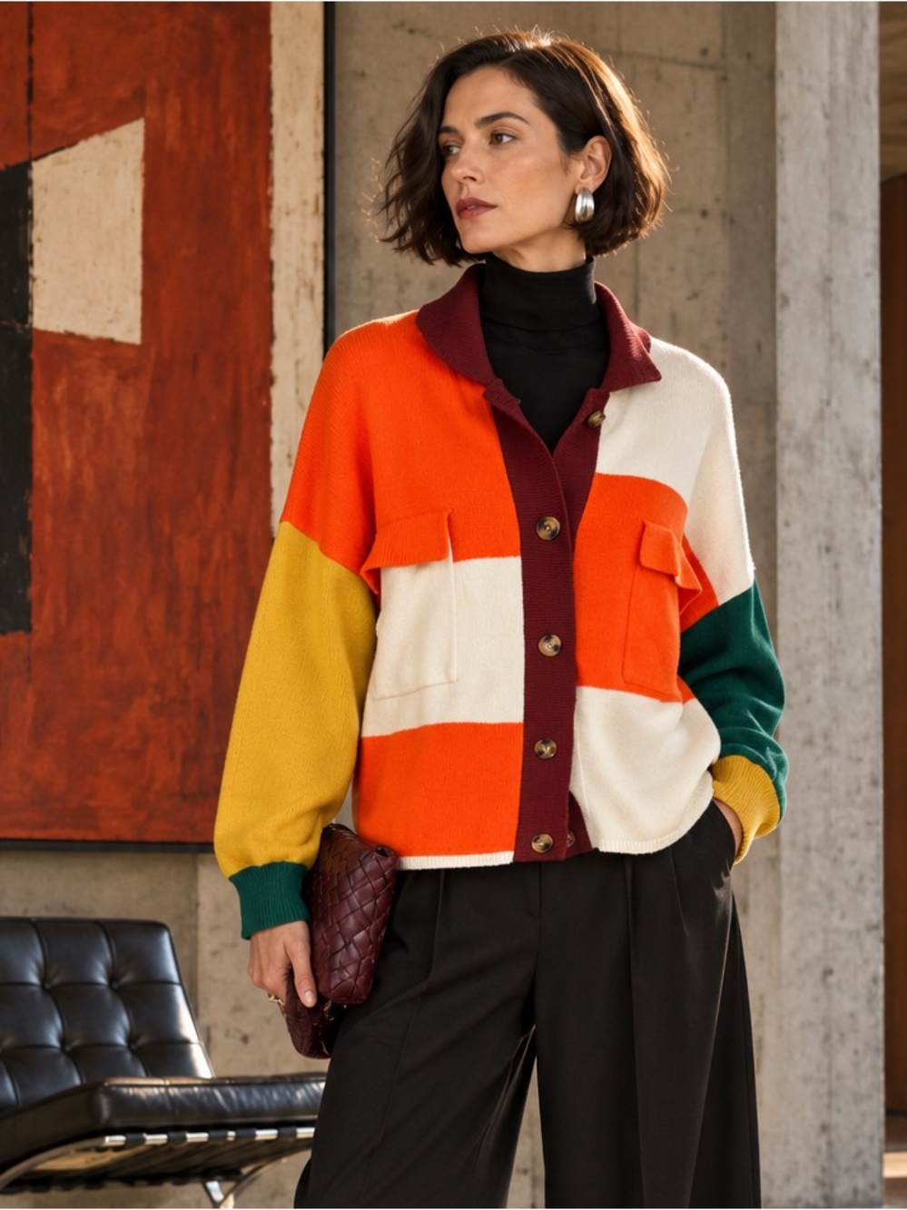 FLAT WHITE Colorblock Modernist Geometric Cardigan Sweater, 1X